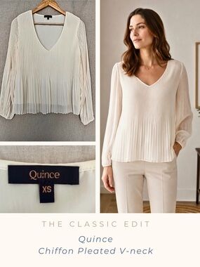 Quince Pleated Chiffon V-Neck Blouse Ivory